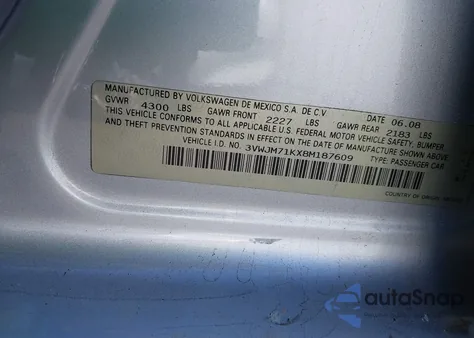 2008 Volkswagen Jetta S из США, поврежденный, VIN 3VWJM71KX8M187609